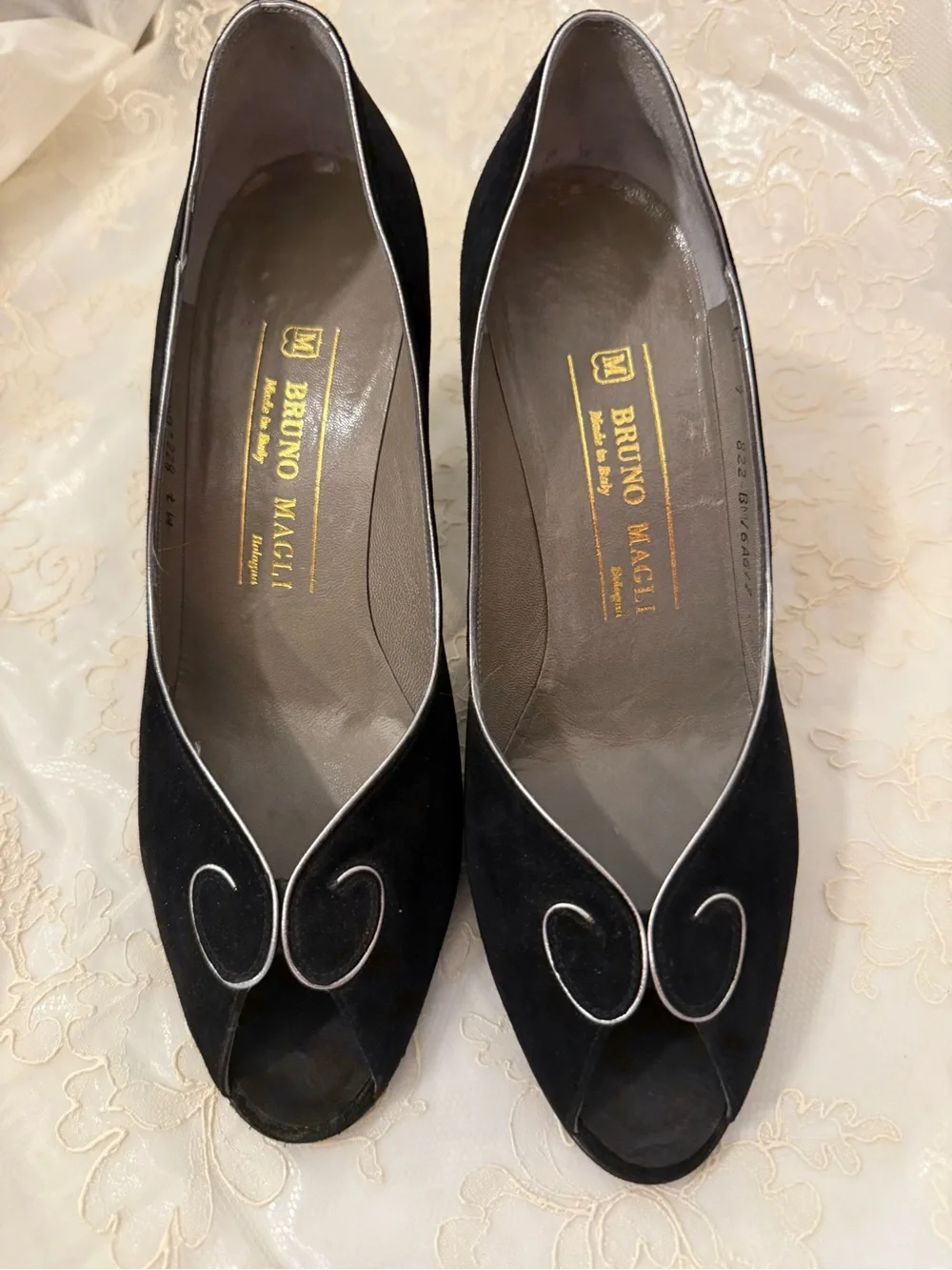 Bruno Magli Black Suede Peep-Toe Pumps with Silver Trim